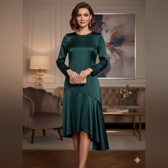 japparel Dresses & Skirts - Chic Asymmetrical Satin Dress in Deep Green